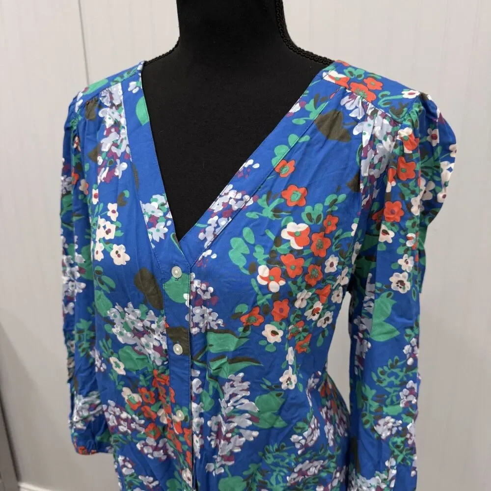 Loft Blouse L Large Blue Floral Rayon V-Neck Button Front Tie Hem Puff Sleeve